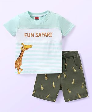 Babyhug Single Jersey Knit Half Sleeves T-Shirt & Shorts Set with Stripes & Giraffe Print - Green