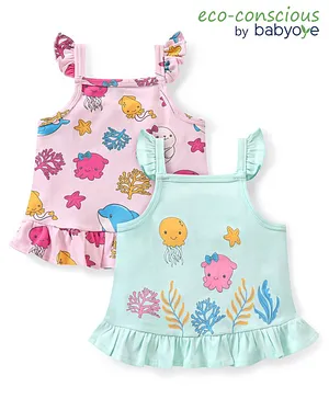 Babyoye Eco Conscious Cotton Knit Sleeveless  Tops Sea Life Print Pack of 2 - Pink & Blue