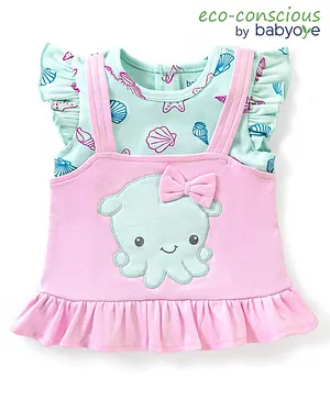 Babyoye Eco Conscious  Cotton Knit Half Sleeves Top with Octopus Patch  & Bow Applique - Pink & Blue