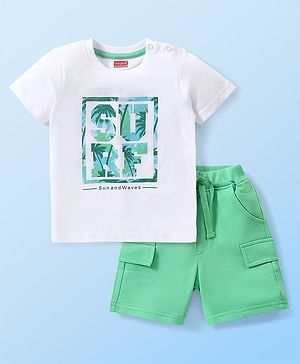 Babyhug Single Jersey Knit Half Sleeves T-Shirt & Shorts with Text Print - Green & White