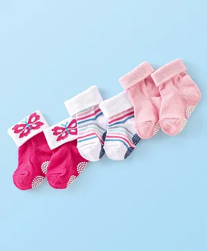 Cute Walk by Babyhug Non Terry Anti Bacterial Anti Skid Ankle Length Socks Striped & Butterfly Design Pack Of 3- Multicolor