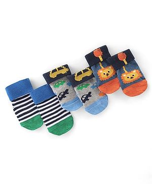 Cute Walk by Babyhug Non Terry Anti Bacterial Anti Skid Ankle Length Socks Star & Lion Design Pack Of 3 - Multicolor