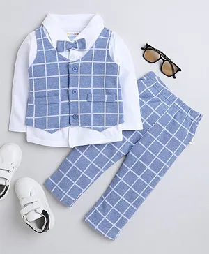 BUMZEE Full Sleeves Checked 4 Piece Coordinating Shirt & Pant Set - Sky Blue & White
