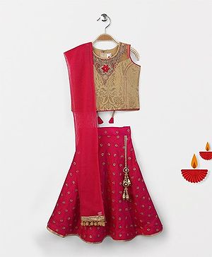 Babyhug Sleeveless Choli Lehenga With Dupatta Embellished Design - Beige & Pink