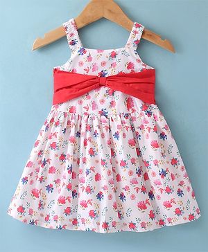 Tweetons Woven Sleeveless Frock Floral Print & Bow Applique - Red