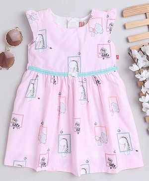 Twetoons Cotton Blend Frill Sleeves Elephant Printed Frock - Pink