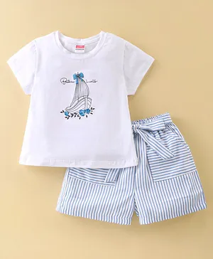 Twetoons Woven Half Sleeves Top & Shorts With Ship Print - Blue & White