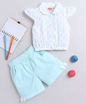 Twetoons Cotton Woven Half Sleeves Shirt & Shorts With Polka Dots Print -  White & Blue