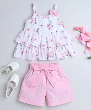 Twetoons Knit  Sleeveless Top & Shorts Set with Floral Print -  Pink