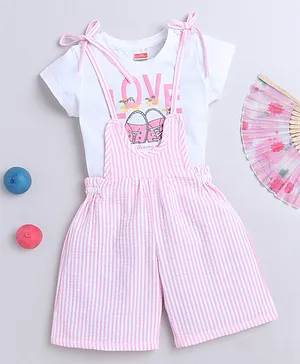 Twetoons  Striped Dungaree with Half Sleeves  T-Shirt Text Print - Pink