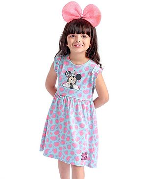 Babyhug Disney Cotton Jersey Knit Sleeveless Minnie Mouse Printed Frock with Frill Detailing - Blue