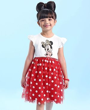 Babyhug Disney  Sleeves Frock with Mesh &  Frill Detailing  Minnie Mouse Graphics - White