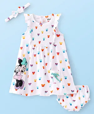 Babyhug Disney 100% Cotton Sleeveless Disney Minnie Mouse Frock with Bloomer and Headband - White