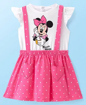 Babyhug Disney Cotton Jersey Knit Frill Sleeves Minnie Mouse Print Frock - Pink & White