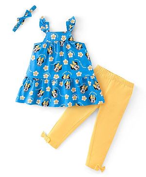 Babyhug Disney  Cotton Jersey Knit Sleeveless Frock with Leggings Minnie Mouse Print with Headbad - Blue