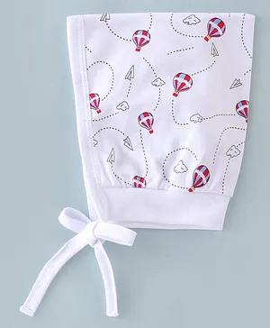 Child World Interlock Cotton Knit Baby Cap with Knot Air Balloon Print White & Red- Diameter 10.5 cm