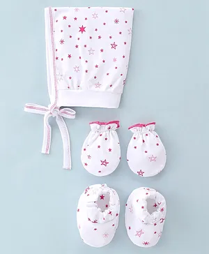 Child World Interlock Cotton Knit Cap Mittens & Booties Star Print Pink & White- Diameter 10 cm