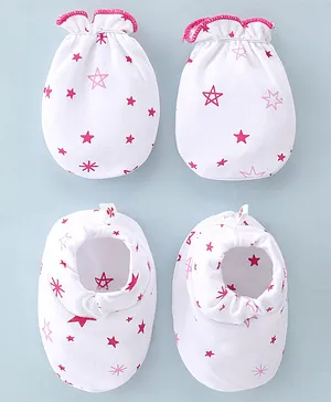 Child World Interlock Cotton Knit  Mittens and Booties  Set Star Print - Pink