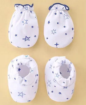 Child World Interlock Cotton Knit  Mittens and Booties  Set Star Print - Blue