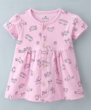 Child World Cotton Interlock Knit Half Sleeves Frock Vehicle Print - Pink