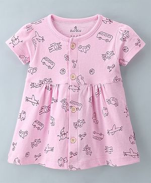 Child World Cotton Interlock Knit Half Sleeves Frock Vehicle Print - Pink