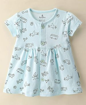 Child World Cotton Interlock Knit Half Sleeves Frock Vehicle Print - Aqua Blue