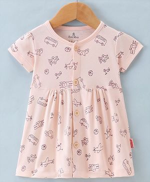 Child World Cotton Interlock Knit Half Sleeves Frock Vehicle Print - Peach