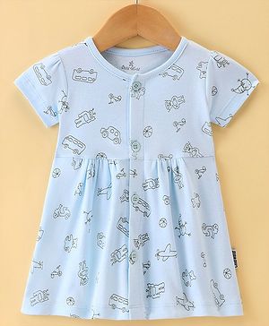 Child World Cotton Interlock Knit Half Sleeves Frock Vehicle Print - Blue