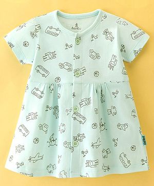 Child World Cotton Interlock Knit Half Sleeves Frock Vehicle Print - Green