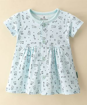 Child World Cotton Interlock Knit Half Sleeves Frock Bear Print - Blue