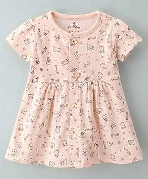 Child World Cotton Interlock Knit Half Sleeves Frock Bear Print - Peach