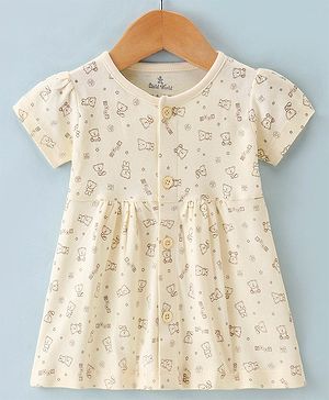 Child World Cotton Interlock Knit Half Sleeves Frock Bear Print - Yellow