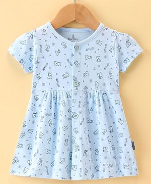 Child World Cotton Interlock Knit Half Sleeves Frock Bear Print - Sky Blue