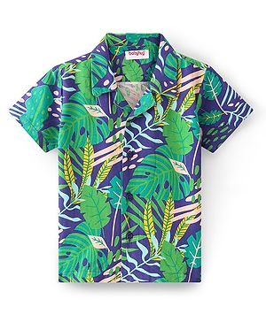 Babyhug 100% Cotton Woven Half Sleeve Resort Collar Shirt With Tropical Print - Green & Blue
