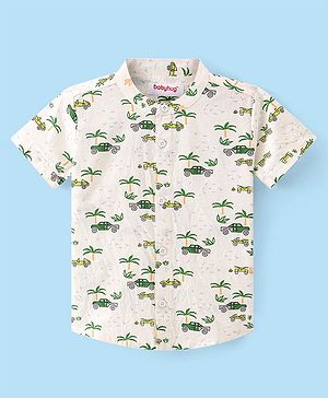 Babyhug 100% Cotton Woven Half Sleeves Shirt With Cars Print - White & Green