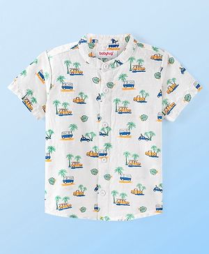 Babyhug 100% Cotton Woven Half Sleeves Mandarin Collar Shirt Vechile Print - White