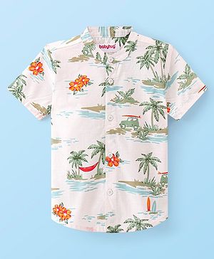 Babyhug 100% Cotton Woven Half Sleeves Mandarin Collar Beach Theme Print Shirt- White