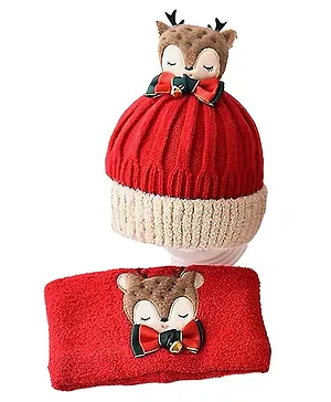 Little Surprise Box  Reindeer Designed Muffler And Cap Set - Red