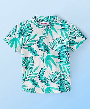 Babyhug 100% Cotton Woven Half Sleeves Mandarin Collar Leafy Printed Shirt- White