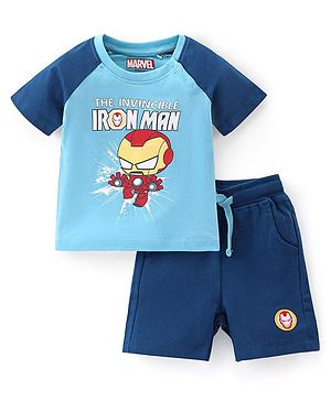 Babyhug Marvel 100% Cotton Single Jersey Knit Raglan Sleeves T-Shirt and Shorts Iron Man Graphics - Blue