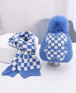 Little Surprise Box Cotton Checkered Winter Beanie & Neck Muffler Set -Blue