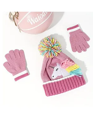 Little Surprise Cotton Unicorn Designed Winter Beanie & Matching Gloves Set - Muave