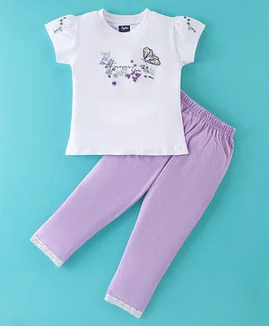 Pepito Cotton Knit Half Sleeves Text & Butterfly Embroidered Top with Solid Colour Leggings - White & Purple