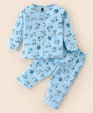 Pepito Cotton Full Sleeves Night Suit With Teddy Print - Blue