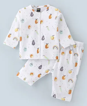 Pepito Cotton Knit Full Sleeves Night Suit With Fruits Print - White