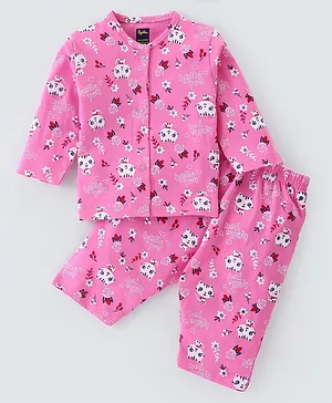 Pepito Cotton Knit Full Sleeves Night Suit With Kitty Print - Pink