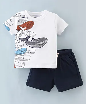 Pepito Cotton Knit Half Sleeves T-Shirt & Shorts Set Marine Life Print - White
