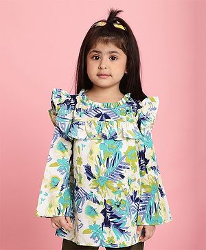 Mini & Ming Full Sleeves Floral Printed Frill Detailed Top - Blue