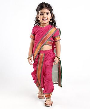 Babyhug Half Sleeves Blouse And Zari Bordered Nauvari Saree - Red