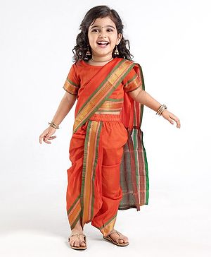 Babyhug Half Sleeves Blouse And Zari Bordered Nauvari Saree - Orange